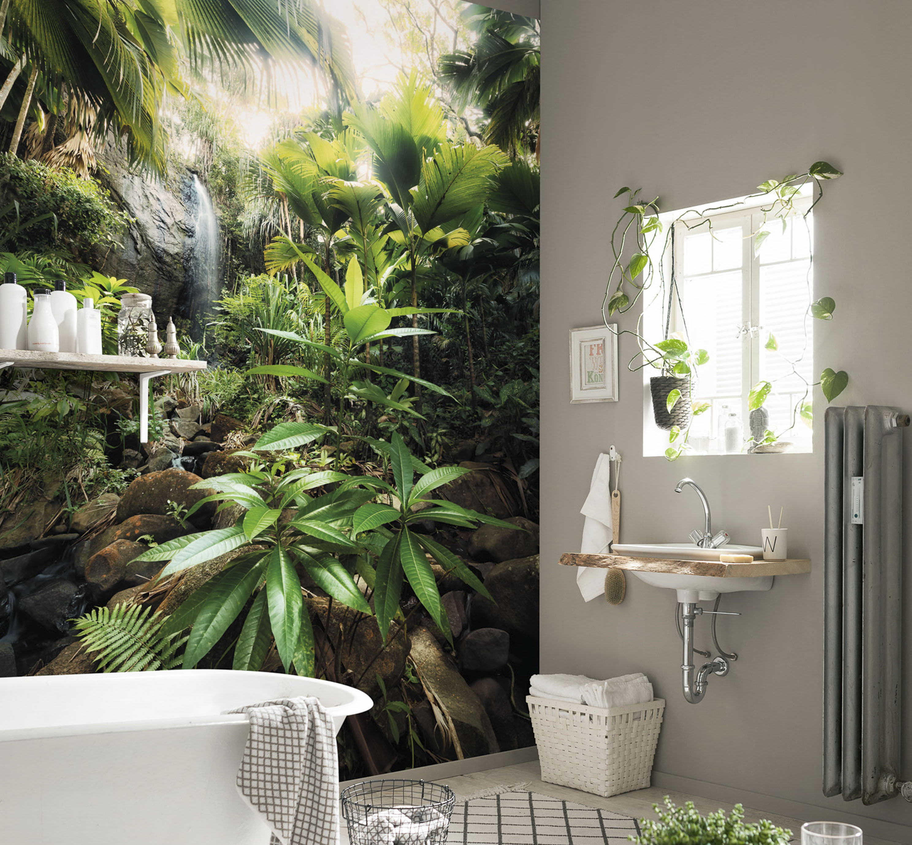 Ванна фотообои. Ванная комната в стиле джунгли. Плитка в тропическом стиле. Фотообои на стену. Фотообои в интерьере.